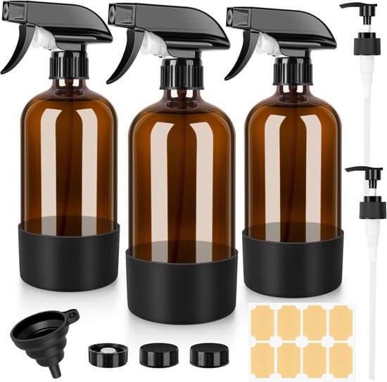Set med 3 sprayflaskor i bärnstensfärgat glas (480 ml) för rengöring, växter och hårvård