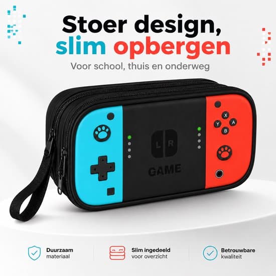 Pennal for gutter – Stort skoleskrin med 2 rom og spillkontrollerdesign – Svart