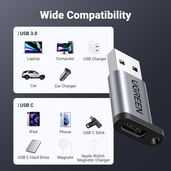 UGREEN USB til USB C-adapter 2-pakning, 10 Gbps USB C hunn til USB hann-adapter Thunderbolt-kompatibel med iPhone 16 15, MacBook, iPad