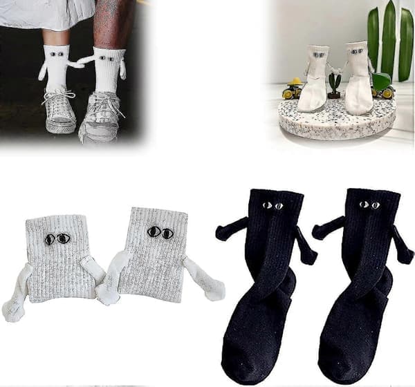 Magnetic Socks That Hold Hands, Hand in Hand Socks, Socks for Couples That Hold Hands Black White 2 Pairs