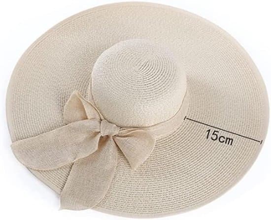 Solhatt – Sammenleggbar solhatt for kvinner – Bredbremmet strandhatt – Sommerstråhatt – Hodeomkrets 56–60 cm – Kremhvit
