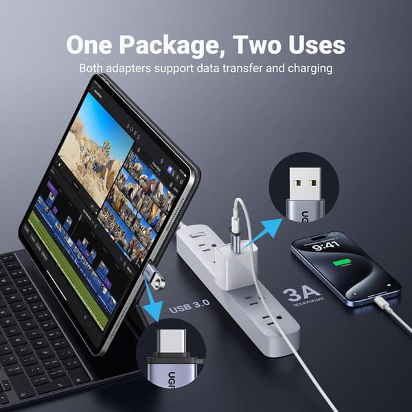 UGREEN USB til USB C-adapter 2-pakning, 10 Gbps USB C hunn til USB hann-adapter Thunderbolt-kompatibel med iPhone 16 15, MacBook, iPad