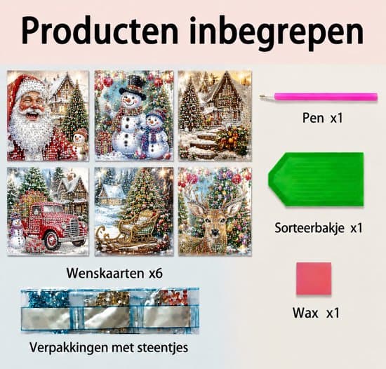 Set med 6 Diamantmålning Julkort – 15x15cm DIY Julkort med Kuvert – Tomte & Vintertema Handgjorda Hälsningskort – Komplett Kit