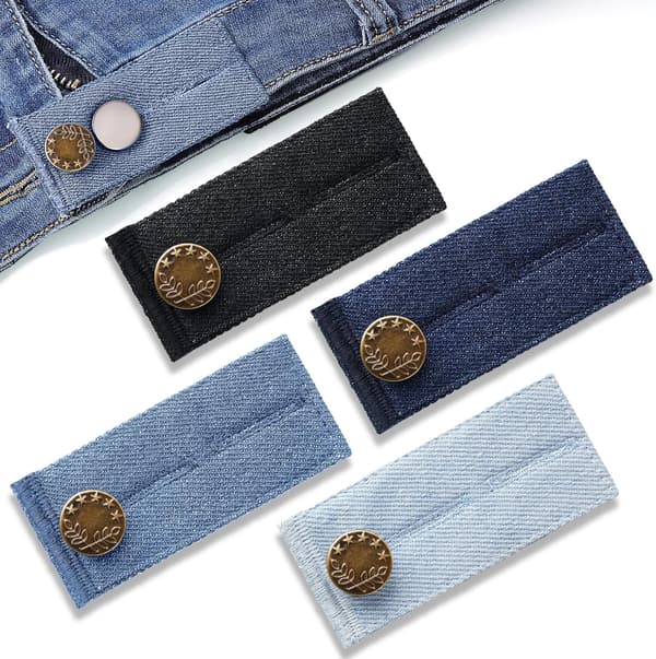 Knaphulsforlænger 4 stk. - Denim Bukseudvider til Jeans og Ventebukser - Bukseknaphulsforlænger og Elastisk Forlængerknap (2 sæt)