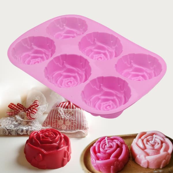 Håndlaget såpe kake gelé pudding sjokolade seks-hulrom rose design silikonform, 2-delt rosa sett