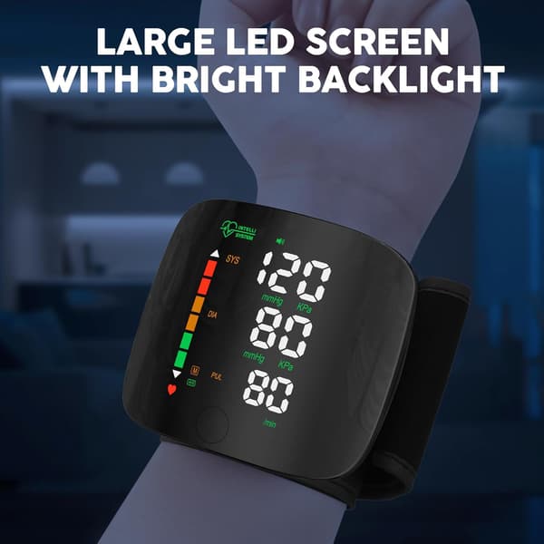 Håndledsblodtryksmåler med LED-display, berøringsskærm, 99x2 aflæsningshukommelse, håndleds-BP-måler med bæretaske (sort)