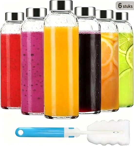 Transparenta glasflaskor med lock - återanvändbara vattenflaskor i glas med lock i rostfritt stål - lämpliga för juice - kylskåpsjuiceflaskor 6 stycken