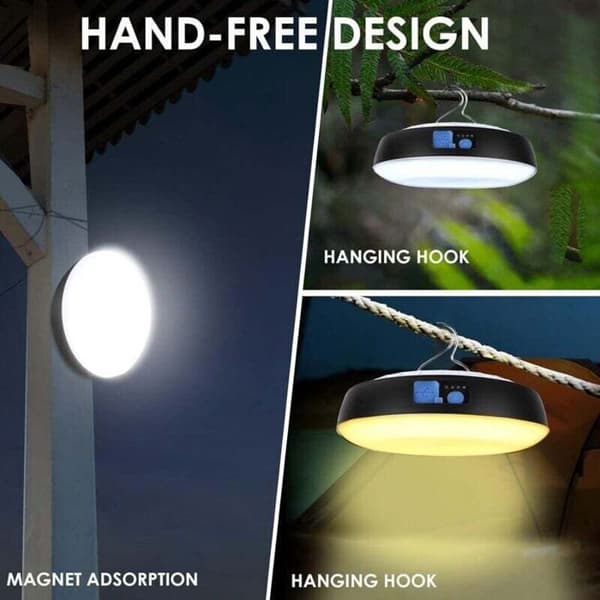LED Campinglanterne - Kraftig Magnet - Innebygd Krok - 6 Lysmoduser - Sol- og USB-oppladbar