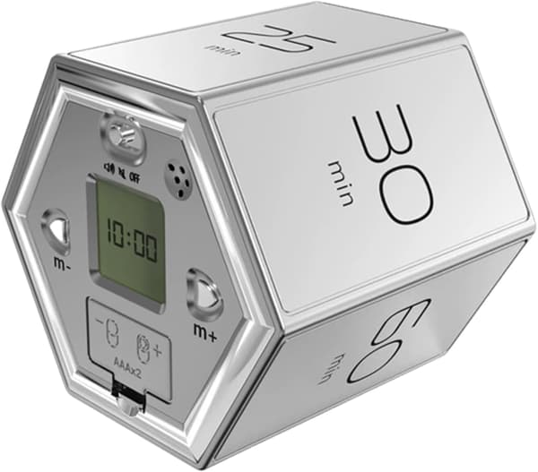 Roterande hexagonal timer 5-60 minuter med LED-display & tyst vibration, skrivbords-produktivitetstimer för studier, arbete & kök (Silver) Silver