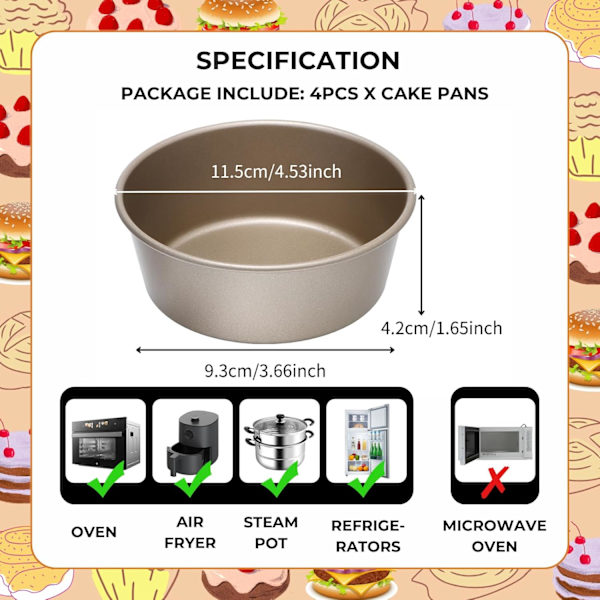 4-delt Mini Brødform Sæt - 4 Tommer Runde Non-stick Bageforme i Kulstofstål til Boller, Kager & Cheesecakes
