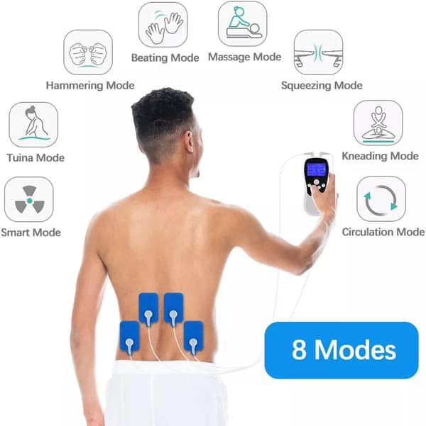 Mini elektronisk fysioterapi TENS-maskin 8 moduser med 4 puter (oppladbar)
