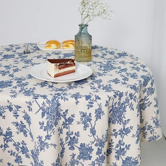 Rund bomulls- og linseduk med blomstertrykk, 150 cm, blå
