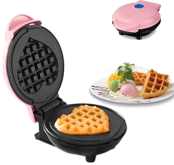 Våffeljärn med non-stick beläggning, våffelfyllning, justerbar bryningskontroll, hjärtform, rosa.