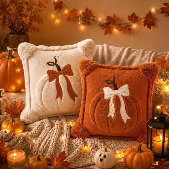 Pyntepude – 2-delt efterårspudesæt med græskarmønster og sløjfe – 45x45 cm – Velegnet til sofa, stue, efterår, Halloween og bondegårdsstil