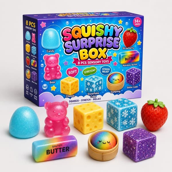 Squishy Surprise Box 8PCS Sensorisk Klämleksak Squishy Bundle Regnbågsdumpling Smör Squishies Partyfavörer Presenter för Barn Vuxna Fidgetleksak