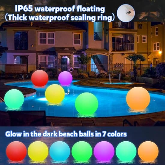 Flydende Pool Lysbolde - 30 cm LED Strandbold - 4 Styk Vandtæt med 8 Lystilstande - Natlys til Pool & Strand - til Børn & Voksne