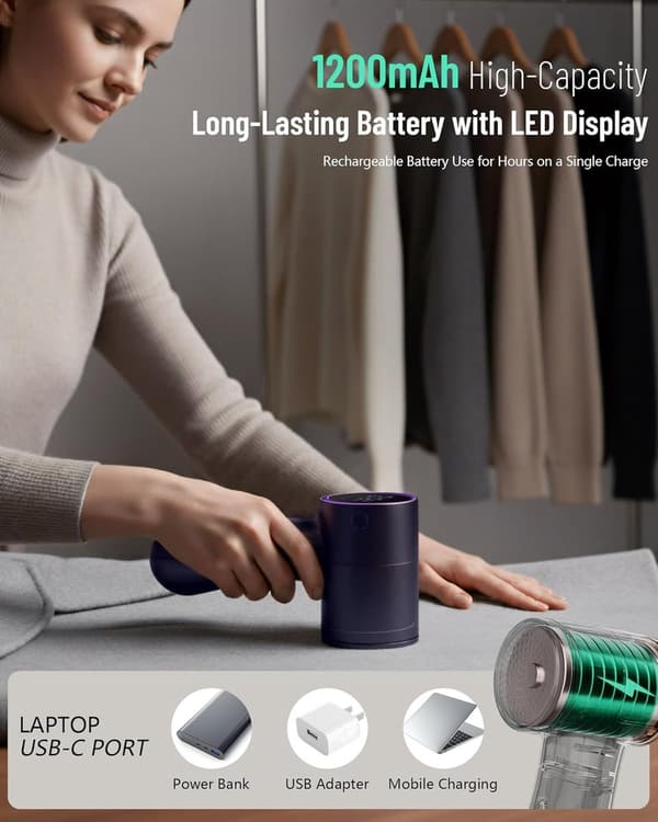 Genopladelig stofshaver – 5-trins fnugfjerner med LED-display – Elektrisk fnugfjerner til trøjer, sofa og tøj