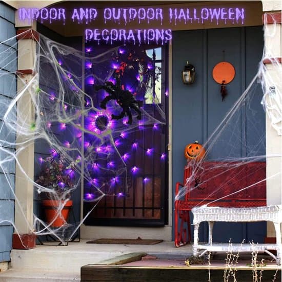 Halloween spindelvevlys - 1,2 meter diameter med 70 LED-lys - Inkluderer en realistisk svart edderkopp - 8 lysmoduser med fjernkontroll - Timerfunksjon Purple