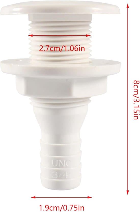 Genomföring / Slanganslutning – Golv-/Däckdränering – Yachter, Båtar, Kajaker – Effektiv Vattenavrinning – 19mm / 29mm – Vit