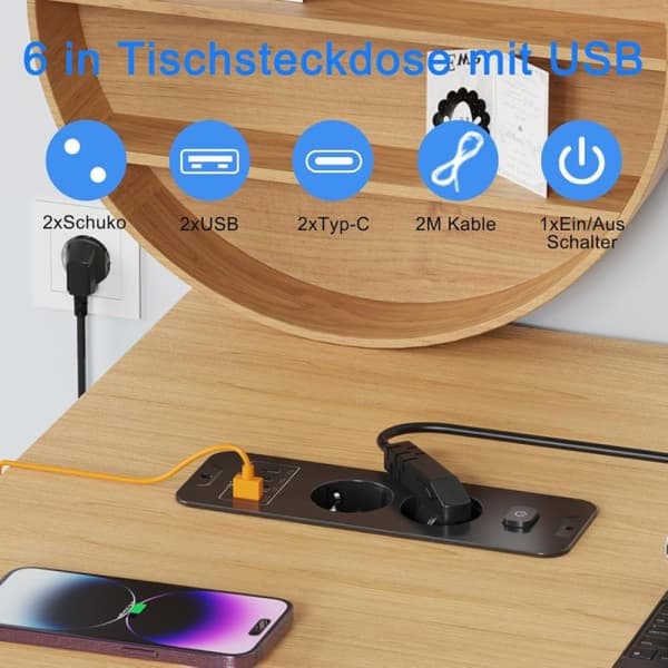 2-vejs udtræk - 2-vejs med 2 USB, bordstikdåse med 2 USB C, 2 afbrydere, 2 M kabel sort 2-dobbelt udtræk, sort