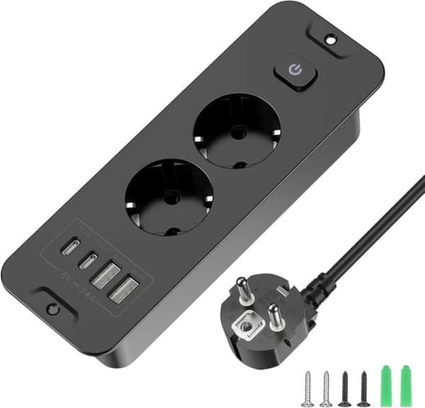 2-vejs udtræk - 2-vejs med 2 USB, bordstikdåse med 2 USB C, 2 afbrydere, 2 M kabel sort 2-dobbelt udtræk, sort