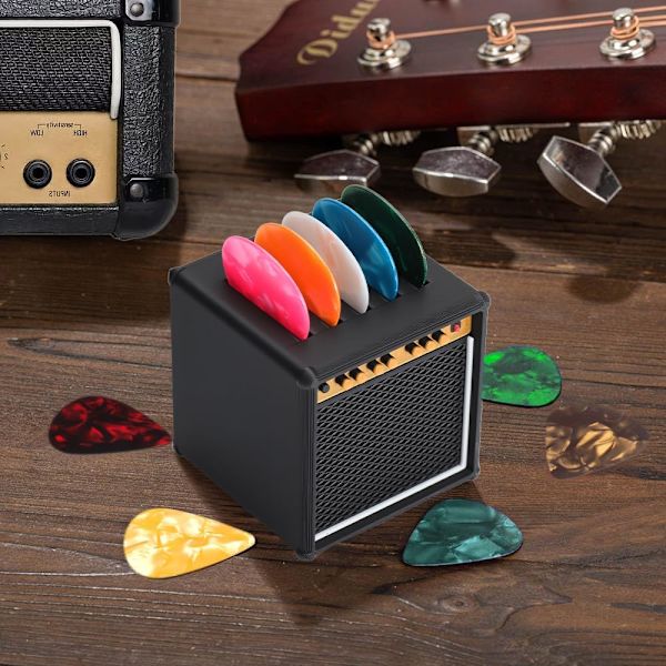 Gitarrplektrumhållare, förstärkare högtalarplektrumhållare med 5 celluloidgitarrplektrum, gitarrplektrumförvaringslåda för gitarr-, bas-, ukulelespelare