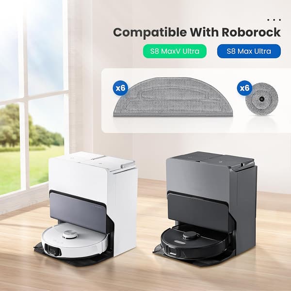 12-dels moppklutsett for Roborock S8 MaxV Ultra robotstøvsuger: 6 moppkluter og 6 sidemopper – sølvionmikrofiber VibraRise 3.0 moppesystemtilbehør