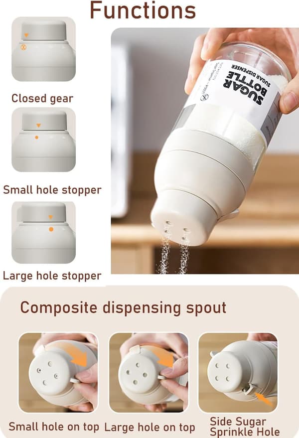 Multifunktionell justerbar kryddburk med hål, salt-, peppar-, socker- och krydddispenser, 250 ml fuktsäker behållare