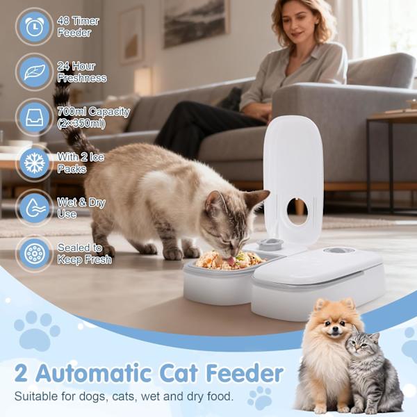 Automatisk kattmatare, 2 automatiska kattmatare för våtfoder, 48h timer 700ml kattmatsdispenser, Automatiska hundmatare för våt- och torrfoder