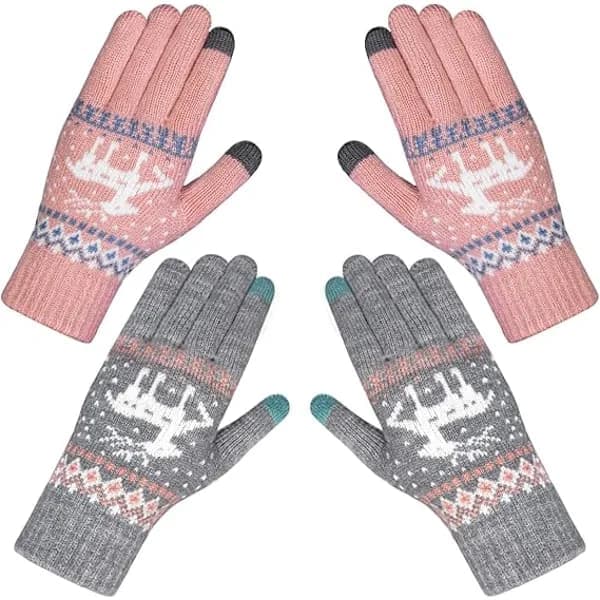1 par vinterhandskar för kvinnor med pekskärm, varma stickade termiska handskar, tjockt plyschfoder, handledshandskar, pekskärm, grå/rosa