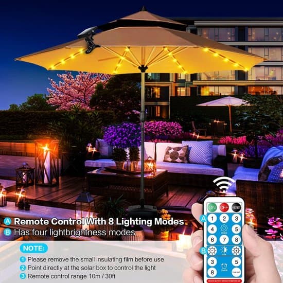 Solcellebelysning for parasoller – Trådløs klipsbelysning – Vanntett og solcelledrevet – 13 LED-er – 2,6 m lang – Egnet for parasoller