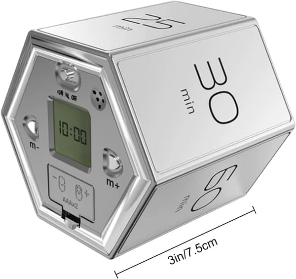 Roterende sekskantet timer 5-60 minutter med LED-display og lydløs vibration, skrivebords-produktivitetstimer til studier, arbejde og køkken (sølv) Silver