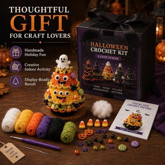 Gør-det-selv hæklekit til et Halloween-træ – Inkluderer dekorationer formet som et spøgelse, græskar, heks og candy corn – Legesygt efterårshåndværkssæt
