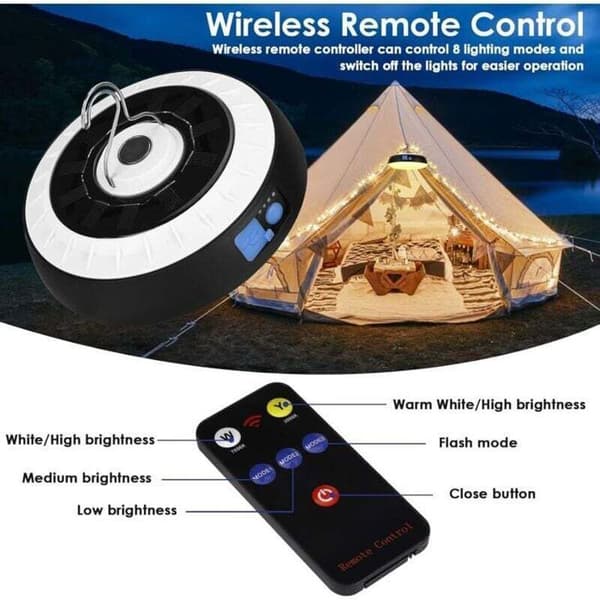 LED Campinglanterne - Kraftig Magnet - Innebygd Krok - 6 Lysmoduser - Sol- og USB-oppladbar