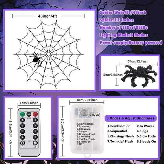 Halloween spindelvevlys - 1,2 meter diameter med 70 LED-lys - Inkluderer en realistisk svart edderkopp - 8 lysmoduser med fjernkontroll - Timerfunksjon Purple