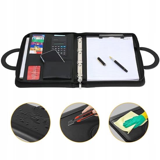 Mappemappe med lynlås – A4 Dokumentmappe – Skrivemappe/Organizer – PU Læder – Lommeregner Vandafvisende – 10 Rum – Inkluderer Notesblok