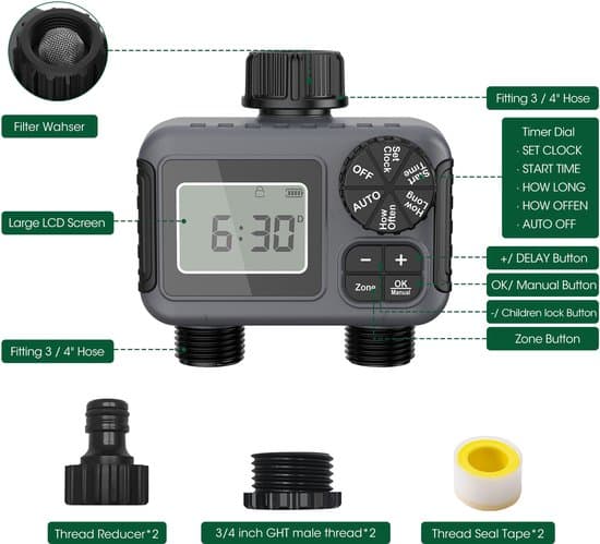 2-Zone Vandtimer – Manuel/Automatisk Vanding – Vandingsur – 3/4” – IPX5 Vandafvisende – Intelligent Vandingscontroller til Udendørsområder