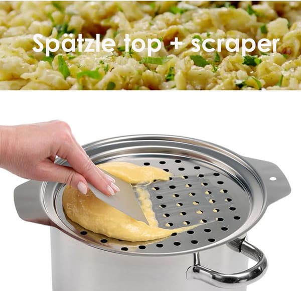 Dumplinglokk i rustfritt stål med skrape, tradisjonell tysk eggnuddelgryte og pastasil.