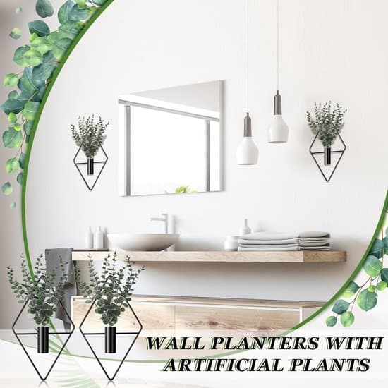 Sæt med sorte hængeplanter - 4 metaldele med kunstig eukalyptus - Geometrisk boho-design - Velegnet til stue, kontor og badeværelse - 1 sæt