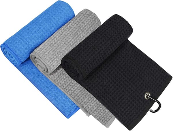 3-pak golftørklæder, golftørklæde til golfbags med klips, mikrofiber vaffelmønster golftørklæde, trefoldet golftørklæde, blå, sort og grå