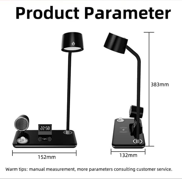 4-i-1 Smart Skrivebordslampe med Bluetooth-højtaler, trådløs oplader, ur, 10W output, hvid (sort)