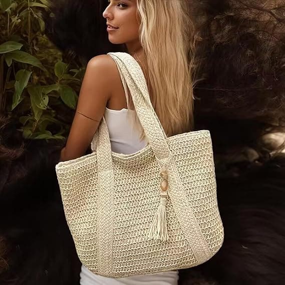 Store stråstrandtasker til kvinder Vævede Boho Håndlavede Skuldertasker til sommerferierejser med kvaster