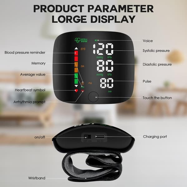 Håndledsblodtryksmåler med LED-display, berøringsskærm, 99x2 aflæsningshukommelse, håndleds-BP-måler med bæretaske (sort)