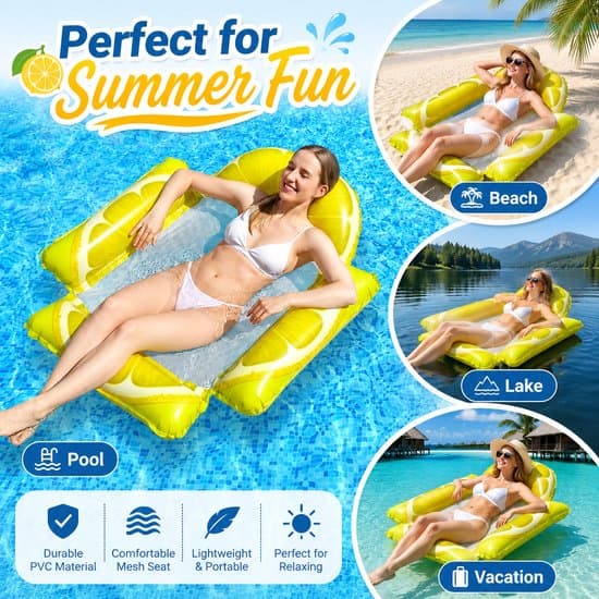 Pool Float - Vandhængekøje - Oppustelig Citron Float med Ryglæn - Mesh Sæde - PVC - 115 x 104 cm