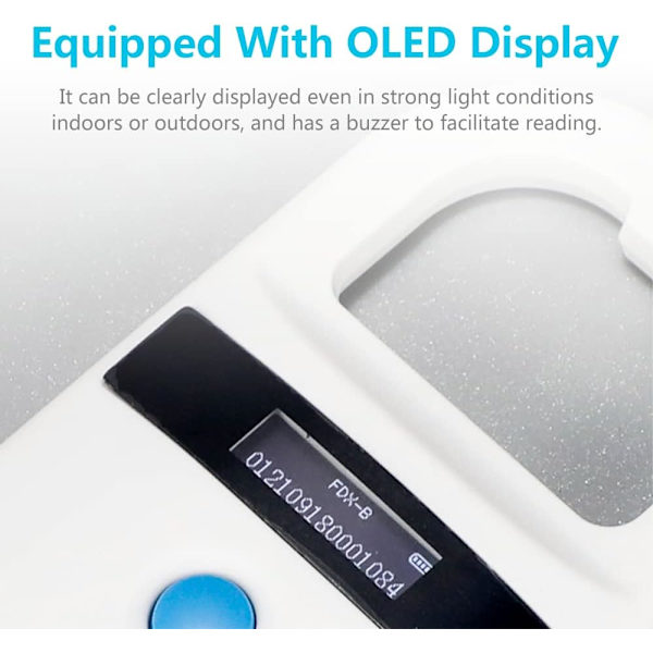 Hund mikrochip läsare, husdjurschip scanner med OLED-display, stöder FDX-B (ISO11784/11785) och EMID mikrochips, för djurhantering.