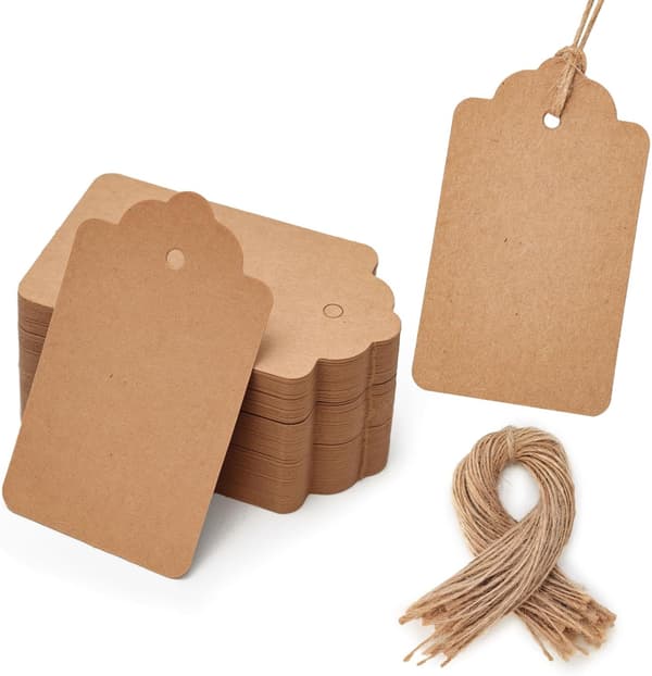 100 st kraftpapperspresentetiketter med snöre, tomma presentpåsetiketter prislappar (brun)