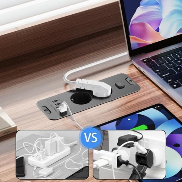 2-vejs udtræk - 2-vejs med 2 USB, bordstikdåse med 2 USB C, 2 afbrydere, 2 M kabel sort 2-dobbelt udtræk, sort