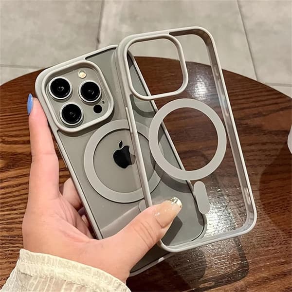 Stöttåligt akryl magnetiskt transparent telefonfodral för iPhone 16 Pro Max, stöder trådlös laddning, tillverkat av hårt PC-material. Grå.