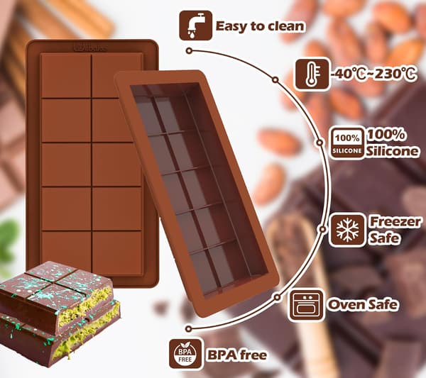Deep Chocolate Bar Molds 2-pack, 1-inch Platinum Silicone Dubai Chocolate Bar Molds for Filled Bars, Large Chocolate Candy Mold