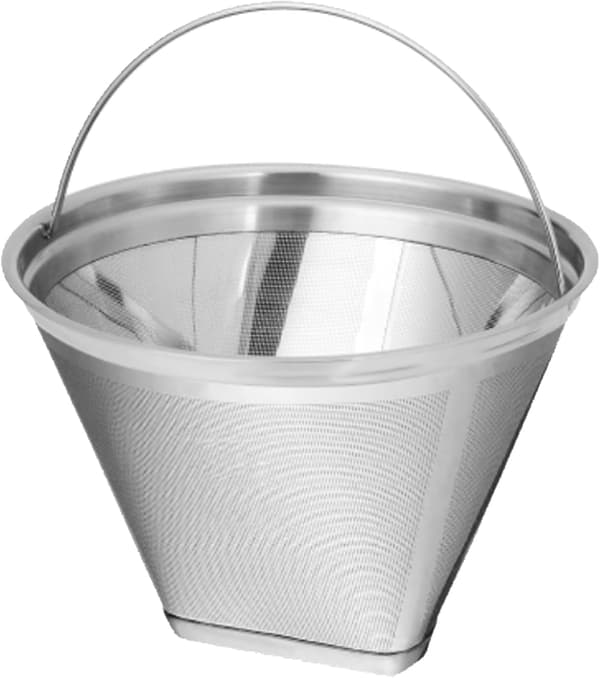 Gjenbrukbart kaffefilter i rustfritt stål størrelse 4 med håndtak - vaskbart for manuell kaffebrygging.